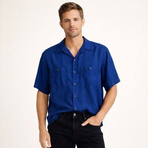 90s Silk Button Up Shirt Mens Sz M Royal Blue Satiny Short Sleeve Quiet Luxury